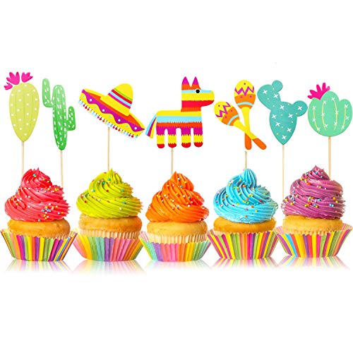 42 Pcs Mexican Fiesta Cupcake Toppers Decoration, Cactus Donkey Maraca Sombrero for Themed