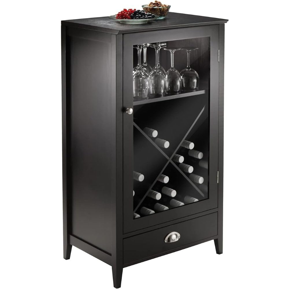 Oakestry X Panel Modular Bordeaux Wine Cabinet Espresso Finish Solid Composite Wood Construction with Rich Espresso Finish Stylish Freestanding Cabinet with Glass Door and Spacious Drawer