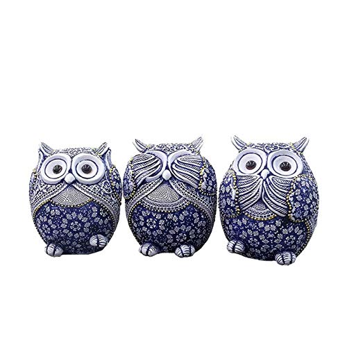 Juanxian 3 Owl Figurines Decor See No Evil Hear No Evil Speak No Evil Cute Owl Statue Crafted Animal Sculpture Ornament for Home Office Tabletop Blue