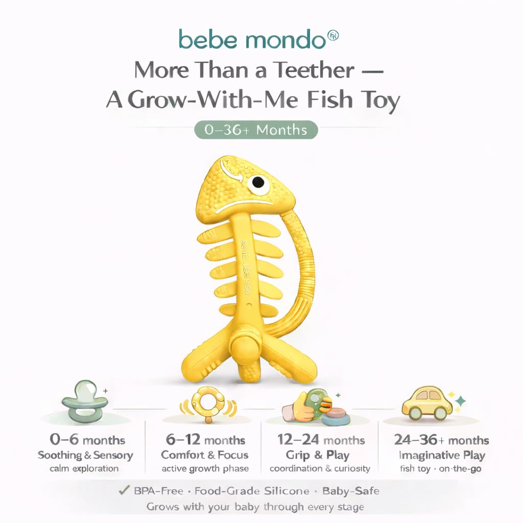 3 in 1 Infant Toys, Baby Teething Toys 3–6 6–12 Months, Teethers for Babies 0–3–6–12 Months for Teething Relief, Baby Gift, Baby Teether Toys, Silicone Sensory Toys, USA Patent Pending, Fish (Yellow) image 5