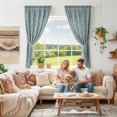 Image of Boho Curtains 84 Inch Long for Living Room, Bedroom, 2 Panels Floral Farmhouse Vintage Tassel Semi Sheer Light Filtering Privacy Window Curtain Drapes with Rod Pocket,Gray