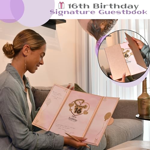 Image of Sweet 16 Birthday Rose Gold Guest Book Party Decorations for Girls 12 inchx18 inch - 16 Years Guest Book Alternative - Sweet Sixteen Party Keepsake - Sign In Poster Card, 16th Birthday Gifts - No Pen