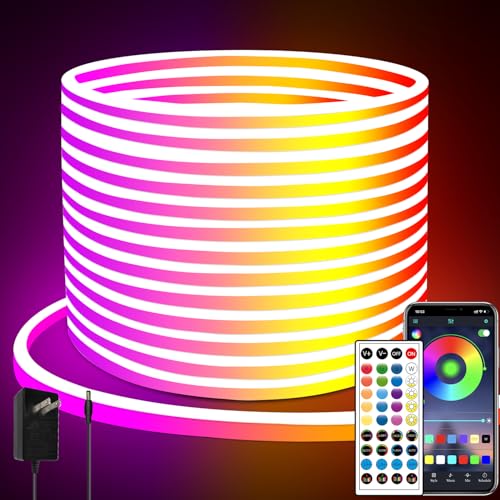 Image of 65.6FT LED Neon Rope Lights,24V RGB LED Neon Lights with Remote /APP Control,IP65 Waterproof Flexible Neon LED Strip Lights for Bedroom Room DIY Decoration(with Snap &Screws)