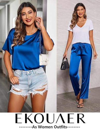 Image of Ekouaer Womens Satin Silky Pajama Set Short Sleeve Shirt with Long Pajama Pant Set Soft PJ Loungewear