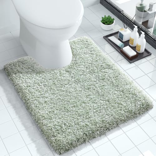 Yimobra Toilet Rugs U Shaped Washable 24X20, Ultra Soft and Water Absorbent Bath Mats, Non Slip Fluffy Shaggy Luxury Microfiber Contour Bath Rugs for Toilet, Dry Quick, Light Green and White by Yimobra - Used condition - US$15.89