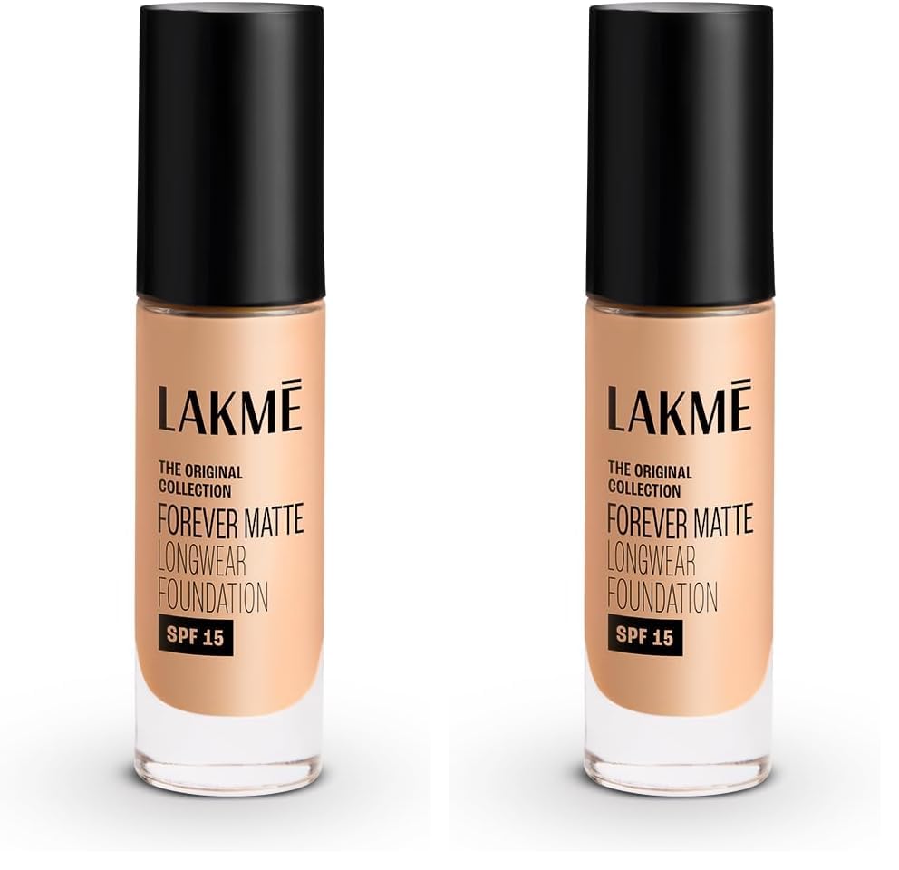 Image of Lakme Forever Matte Longwear Foundation with SPF 15 and Active Niacinamide | Brightens Skin | Long Lasting Matte Finish |Natural Pearl,25 ml (Pack of 2)