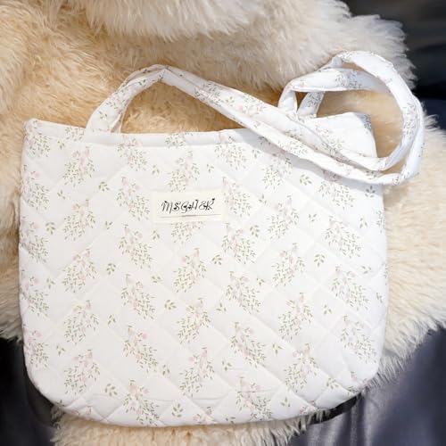 Image of Floral Quilted Cotton Shoulder Bag for Women Daily Use Medium Size Handbag Large Capacity Thickened Design Tote