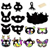 PATAZOK Scratch Arte para Niños 24pcs Máscaras de Papel Animal, 24 Piezas de Cuerda Elástica y 12 Piezas Bolígrafo de Madera Máscara de Animal Tema Fiesta Herramientas de Pintura