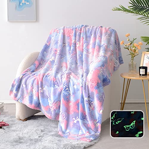 Image of Yaning Glow in The Dark Butterfly Blanket, Soft Cozy Cute Fluffy Luminous Blanket for Kids Girls Teens Gift, Purple, 60x80 inches