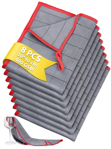 Euqvunn Bayetas Microfibra de Carbono, 8 Piezas, 30 x 40 cm, 400GSM, Sin Pelusa, Motivo en Rejilla para Suciedad y Grasa Tenaz, para el Hogar, Cocina, Coche y Limpieza de Cristales – Rojo