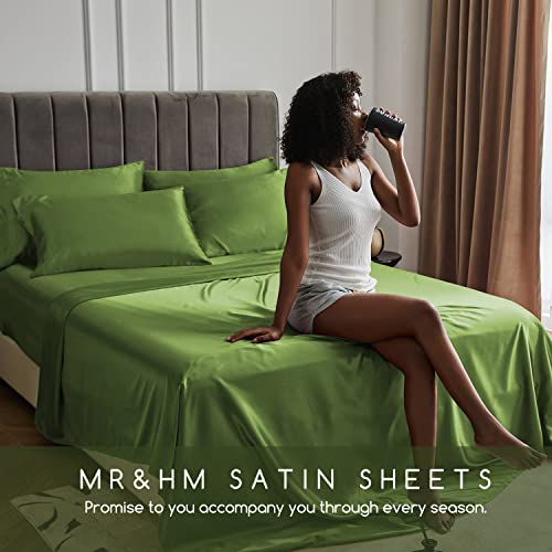 Image of MR&HM Satin Bed Sheets, Queen Size Sheets Set, 4 Pcs Silky Bedding Set with 15 Inches Deep Pocket for Mattress (Queen, Sage)