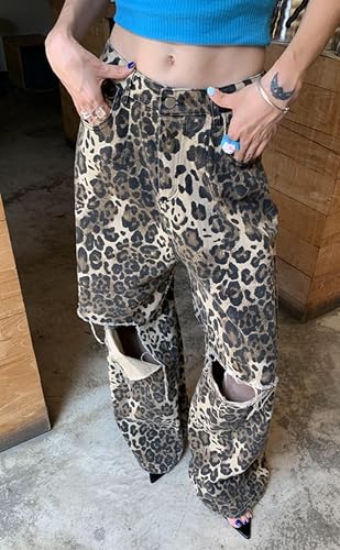 Women's Jeans Wide Leg Ripped Y2K High Waisted Baggy Leopard Print Pull On Pants for Women 2025 Trendy3