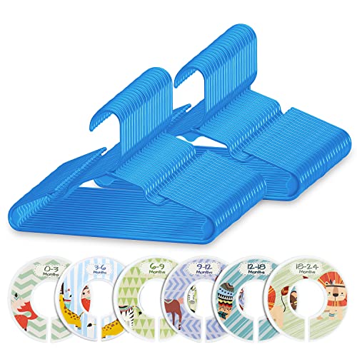 Image of Minnebaby Plastic Baby Hangers 60 Pack, Ultra Thin No Slip Infant Nursery Clothes Hangers with 6 Pcs Cute Clothing Dividers for Boys & Girls Closet Organizer, Blue Kids Hangers