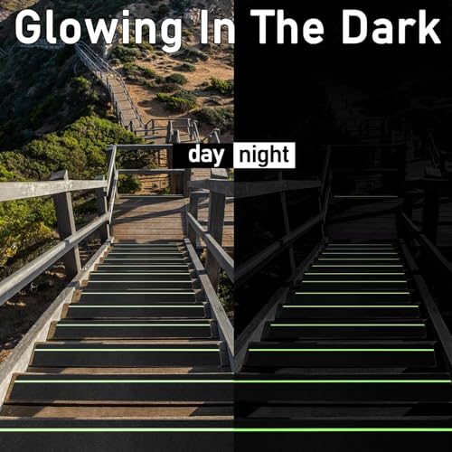 Image of JICOOT Anti Slip Traction Treads with Glow in Dark Stripe (2-PCS), 4 inch X 24 inch, Best Grip Tape Grit Non Slip, Outdoor Non Skid Tape, High Traction Friction Abrasive Adhesive for Stairs Step