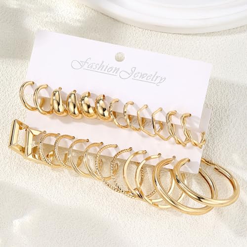 17IF 12 Pairs Gold Hoop Earring Set for Women Chunky Smooth Surface Trendy Small to Big Stud Earring Lightweight Twisted Pearl Ear Pack2