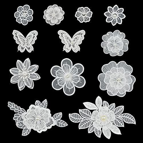 URROMA 12 apliques bordados de flores de encaje, organza blanca para coser en vestidos de novia, manualidades, ropa, adorno para el cabello