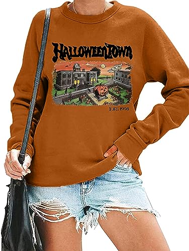 QIANRUO Halloween Town Est 1998 Sweatshirt Women Halloween Horror Spooky Graphic Tees Casual Fall Long Sleeve Pullover Tops (S Burnt Orange)