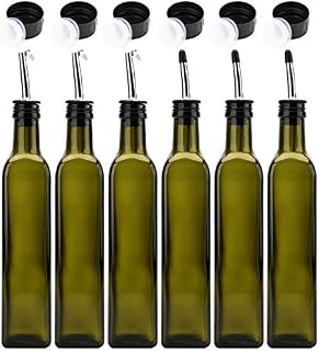 Kingrol 6 Pack 8 oz Glass Olive Oil Dispenser Bottles, Oil and Vinegar Cruets with Stainless Steel Pourer Spouts, Non-Drip Oil Bottles for Kitchen (Green)