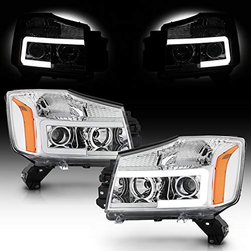 ACANII - For 2014-2015 Nissan Titan 04-07 Armada Chrome LED Tube Projector Headlights Headlamps Assembly Pair Left+Right