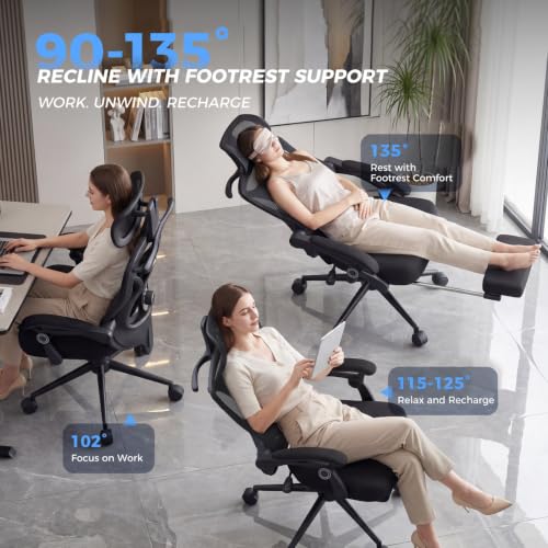 Image of CYKOV Ergonomic Office Chair with Footrest - Adjustable Lumbar Support & Headrest, 90-135 Reclining Mesh Back Computer Chair - Home Office /Gaming, 350lbs Capacity