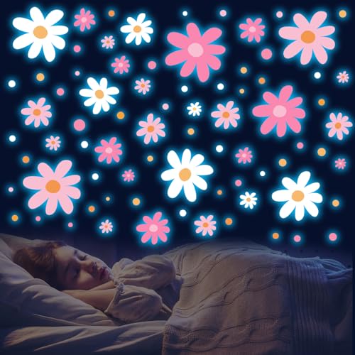 Glow in The Dark Big Daisy Wall DecalsGlowing Luminous Large Cute Daisy Wall Stickers Colorful Removable self-Adhesive Pink White Flower Decals for Girls Bedroom Kids Baby Nursery Living Room Decor