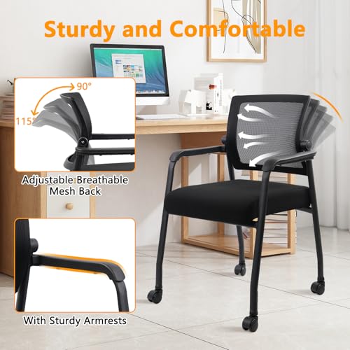 Image of KLASIKA Waiting Room Chairs with Wheels, Adjustable Mesh Backrest, Desk Chair with Ergonomic Lumbar Support and Thickened Seats Cushion, Black