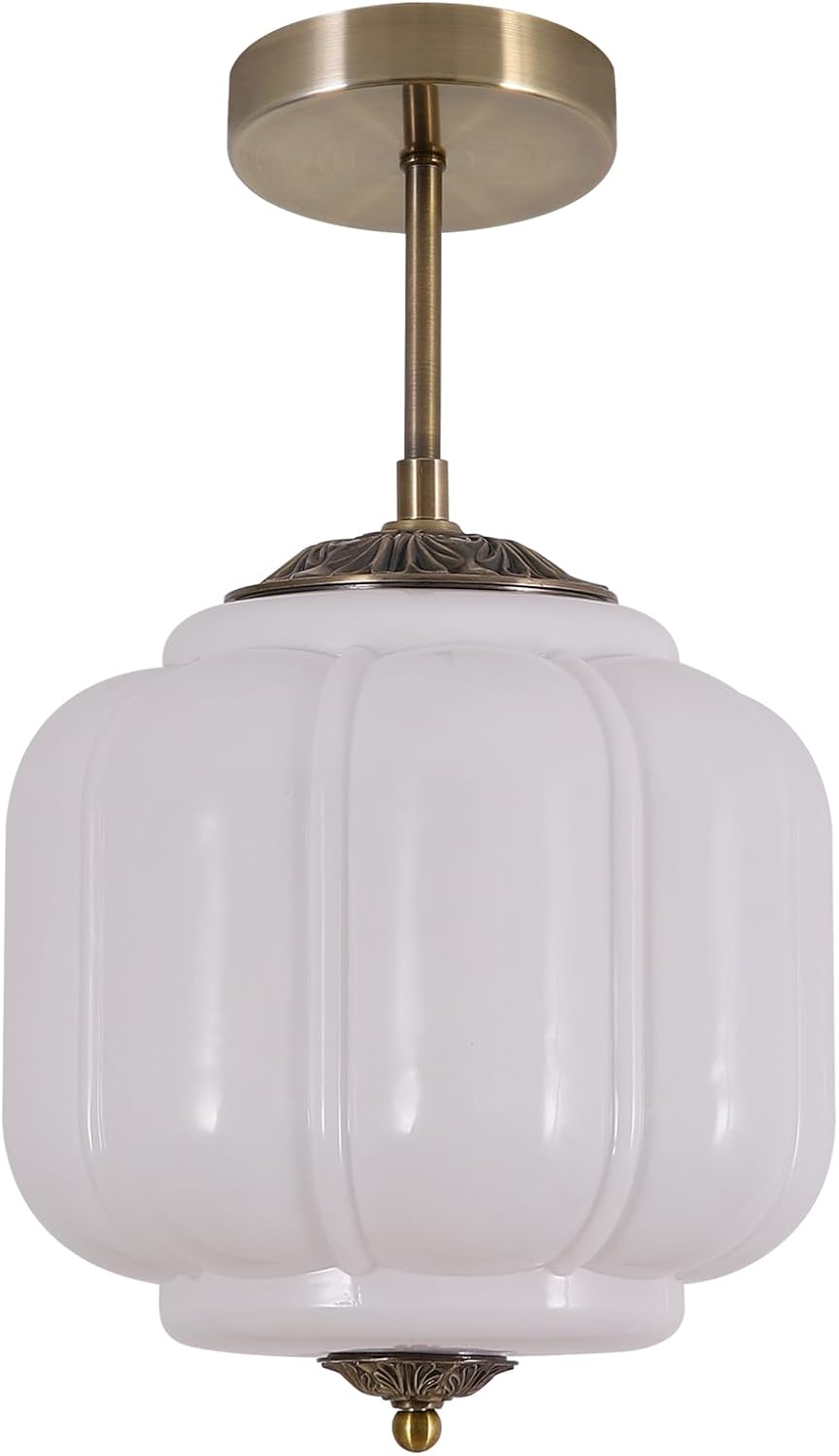 KCO Lighting Large Milk Glass Ceiling Light Fixture Antique Brass Semi Flush Mount Light 9.8” Gold Ceiling Lighting Vintage Farmhouse Semi Flush Mount Ceiling Light