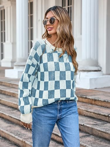 Women's Winter Oversized Sweaters Checkered Crewneck Color Block Batwing Long Sleeve Ribbed Knit Side Slit Pullover3