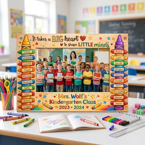 EMZIVA Personalized Teacher Appreciation Gifts Picture Frame, End of Year Class Gifts, Classroom Wooden Photo Frame with Student Names, Pre-K Preschool Kindergarten Teacher Gift from Students