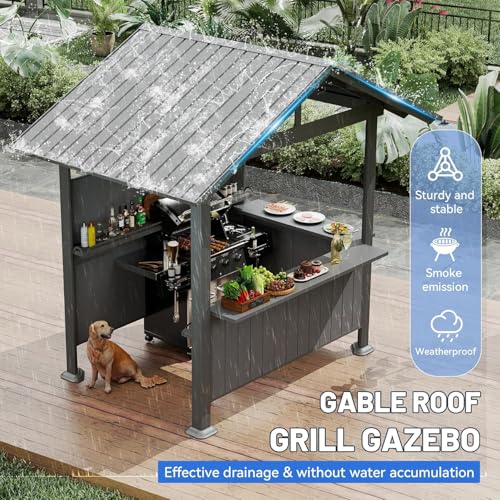 Image of 9x10FT Hardtop Grill Gazebo, Lean to Outdoor BBQ Shelter with Galvanized Steel Slanted Roof, Permanent Metal Grilling Station with Storage Shelves & Bar Platform for Patio (Brown, 9.4x6.2FT)
