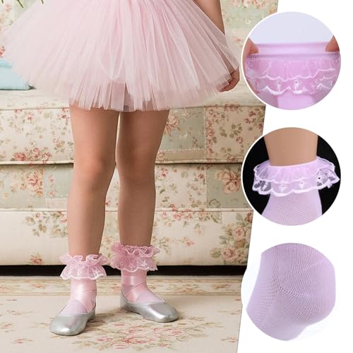 4 Pairs Girls Ruffle Socks, Double Lace Frilly Turn Cuff Socks, Toddler Pageant Dress Socks (White, Pink, Yellow, Blue)4