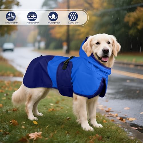 Image of BRKURLEG Dog Raincoat, Waterproof Rain Jacket with Hood, Blue, XXL | Adjustable Windproof Rainproof Jacket with Leash Hole, Reflective Breathable Rain Coat Poncho, for Small to Large Dogs