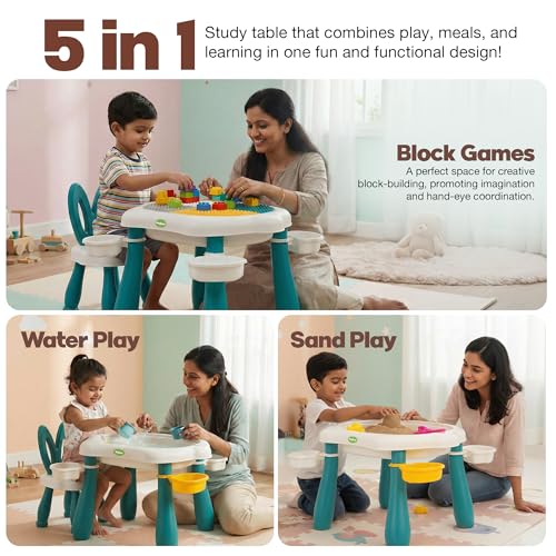 بايبي طاولة دراسة 5 في 1 مع كرسي للاطفال من عمر 2-7 سنوات | طاولة دراسة متعددة الانشطة للاطفال للتعلم واللعب والوجبات واللعب بالرمال والماء | طاولة دراسة للاطفال مع مساحة تخزين بسعة وزن 45 كغم - ازرق