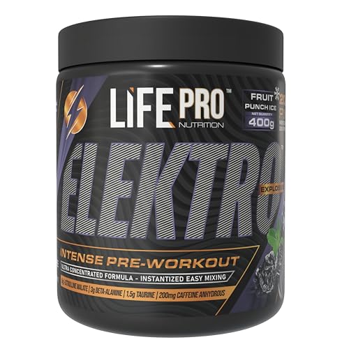 Pre Entreno Life Pro Elektro 400g - Pre Workout con Citrulina Malato 8000mg, Beta Alanina 3000mg, Taurina 1500mg y Cafeína 200mg - Preentreno gimnasio fuerte - Energía y Rendimiento (Fruit Punch)