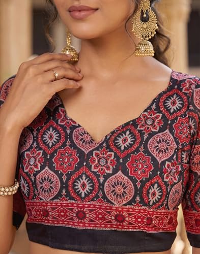 Image of SIRIL Women's Printed Cotton Linen One Minute Ready to Wear Saree With Unstitched Blouse Piece