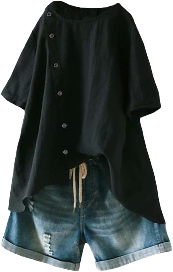 Minibee Women's Linen Blouse Tunic Short Sleeve Shirt Tops With Buttons Decoration