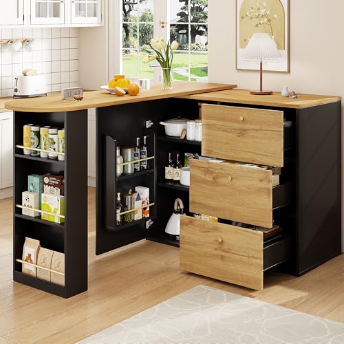 Kebnor Ausziehbarer Bartisch mit Stauraum, 360° drehbare Essbar,Moderner Beweglicher Bar Table,Hochtisch Kücheninsel Bistro Table, Sideboard mit Holzmaserung (138-204×39×104cm)