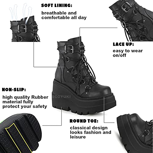 Tscoyuki Platform Ankle Boots for Women Chunky High Heel Booties Gothic Round Toe Combat Boots Women Lace Up Motorcycle Wedges