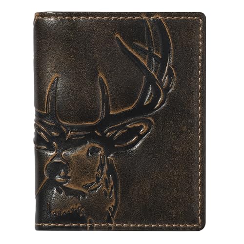 Image of House of Jack Co. Deer Men's Slim Card Wallet, Minimalist Front Pocket Bifold Card Holder, Full Grain Leather, 6 Card Slots with ID Window, Embossed Deer, Hunter Gift for Men, Black
