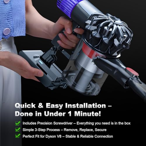 Image of 10000mAh 21.6V Battery Replacement for Dyson V8, 65 Min Runtime, Compatible with SV10 V8 Animal Absolute Motorhead Fluffy Carbon Fiber Car+Boat, Tool-Free Swap Clip & Switch Lock, 2-Yr Warranty