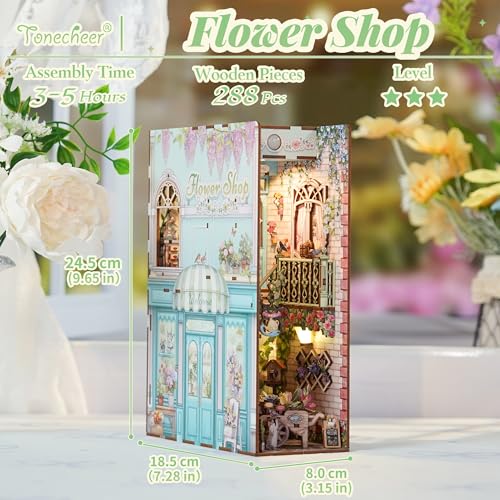 Image of Tonecheer DIY Book Nook Kit for Adults, Booknook Wooden 3D Puzzle Bookend Miniature House Kit, Fantasy Bookshelf Decor with Sensor LED Light Gifts for Birthday Valentine's Day (Flower Shop)