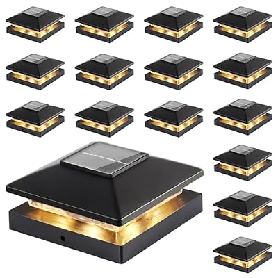 Solar Post Cap Lights Outdoor 16pack, Black Waterproof Solar Powered Deck Fence Post Lights Fit 4x4 Wood/Vinyl Posts, Bright Warm White Solar Post Lights Decorate Deck, Patio, Porch, Fence