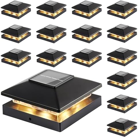 Solar Post Cap Lights Outdoor 16pack, Black Waterproof Solar Powered Deck Fence Post Lights Fit 4x4 Wood/Vinyl Posts, Bright Warm White Solar Post Lights Decorate Deck, Patio, Porch, Fence Cover