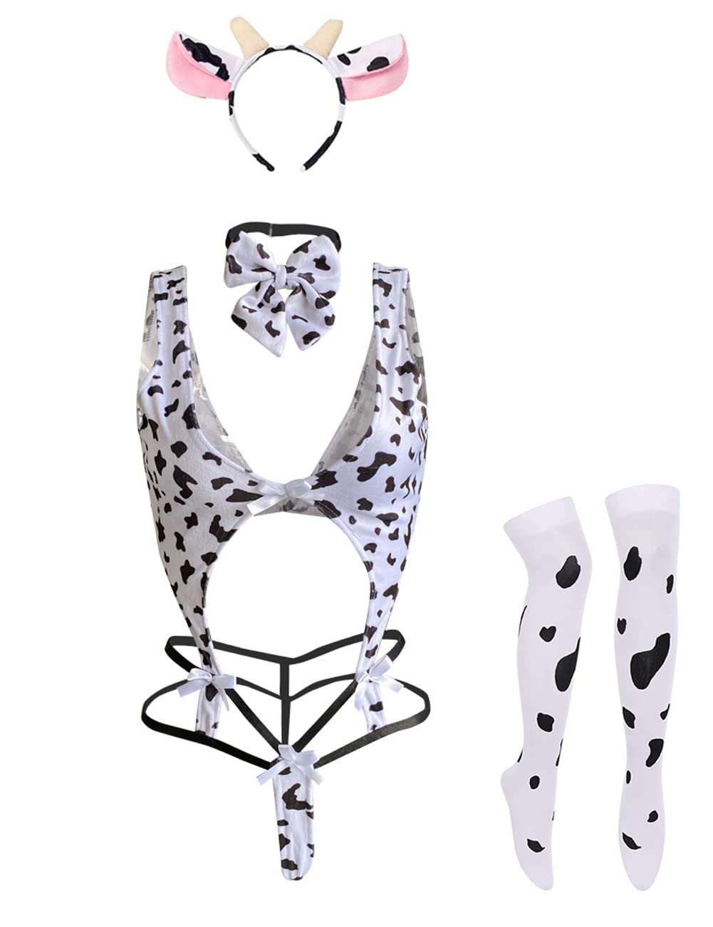 Unibaby Womens Anime Cow Cosplay Milk Leopard Costume Lolita Kawaii Bikini Bodysuit Lingerie Panty Set White Stocking (Cow type 4)