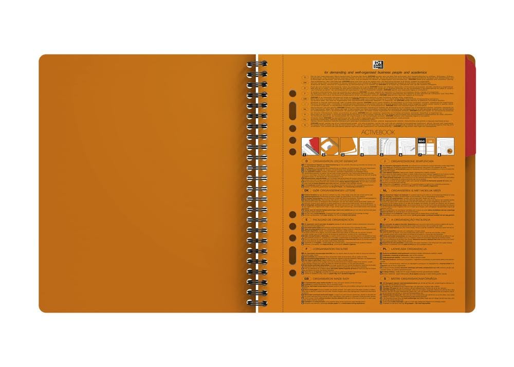 Oxford International ActiveBook - Cuaderno de espiral doble (5 unidades, con rayas, 40 hojas, A5+, perforado, incluye compartimento para hojas sueltas), color naranja, rojo y negro