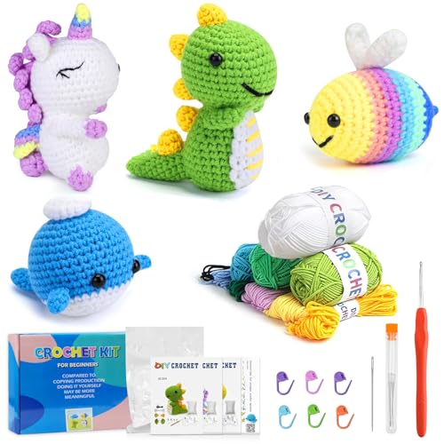 Image of TecoKart 4Pcs Crochet Set - Animals Series Crochet Kit for Beginners Adults and Kids, DIY Kit with Tools and Step-by-Step Video Guide,Multicolored