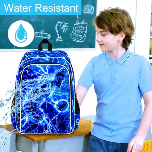 Image of 3Pcs Basketball Backpack for School, Kids Boys Lightning Bookbag with Lunch Box, 17 inch Backpacks for Elementary Preschool Kindergarten (Blue)