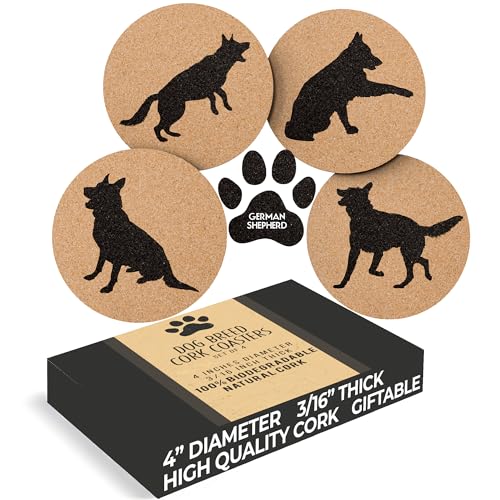 German Shepherd Lovers Cork Drink Coasters - Set of 4 With Protective Bottom | Dog Decor for Drinks | Great Gift Idea for Shepherd Moms & Dads