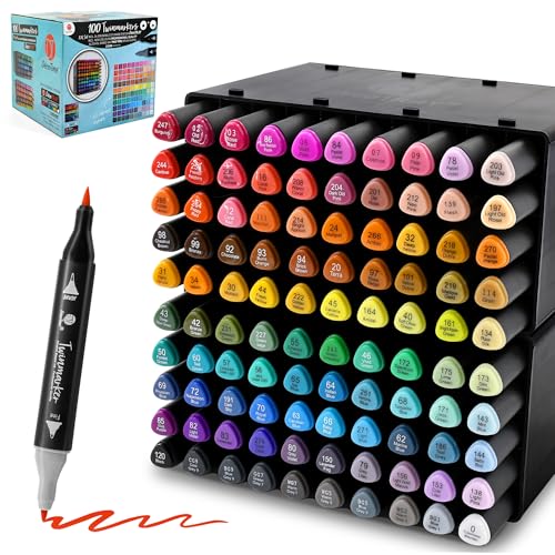 Decotime Twin Alcohol Markers with Stackable Alcohol Marker Storage Tray - 100 Dual Tip Fine & Brush Markers - Coloured Marker Pens for Adults Kids - Quick Dry Art Supplies for Drawing & Colouring