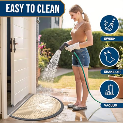 Image of Smiry Half Circle Front Door Mat Outside Entrance, Heavy Duty Sturdy Natural Rubber Doormat, Trap Dirt and Moisture, Low Profile Mats for Indoor Outdoor Entry, Irregular Triangle (35x23, Beige)